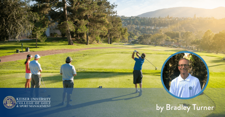 Golfers teeing off with mountains in the background, featuring Bradley Turner from Keiser University College of Golf.