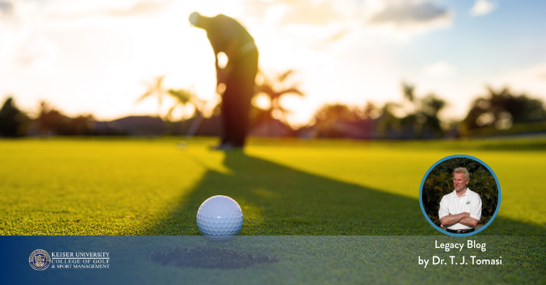 Golf ball on a putting green with a golfer in the background, developing a golf strengths and weaknesses profile.