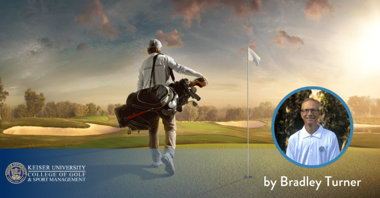 Golfer walks toward the green at sunset, featuring Bradley Turner from Keiser University College of Golf.