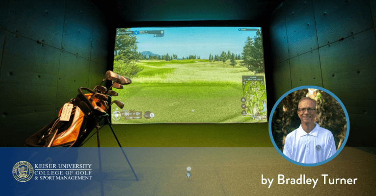 Indoor golf simulator with clubs and virtual course, with a photo of Bradley Turner from Keiser University College of Golf.